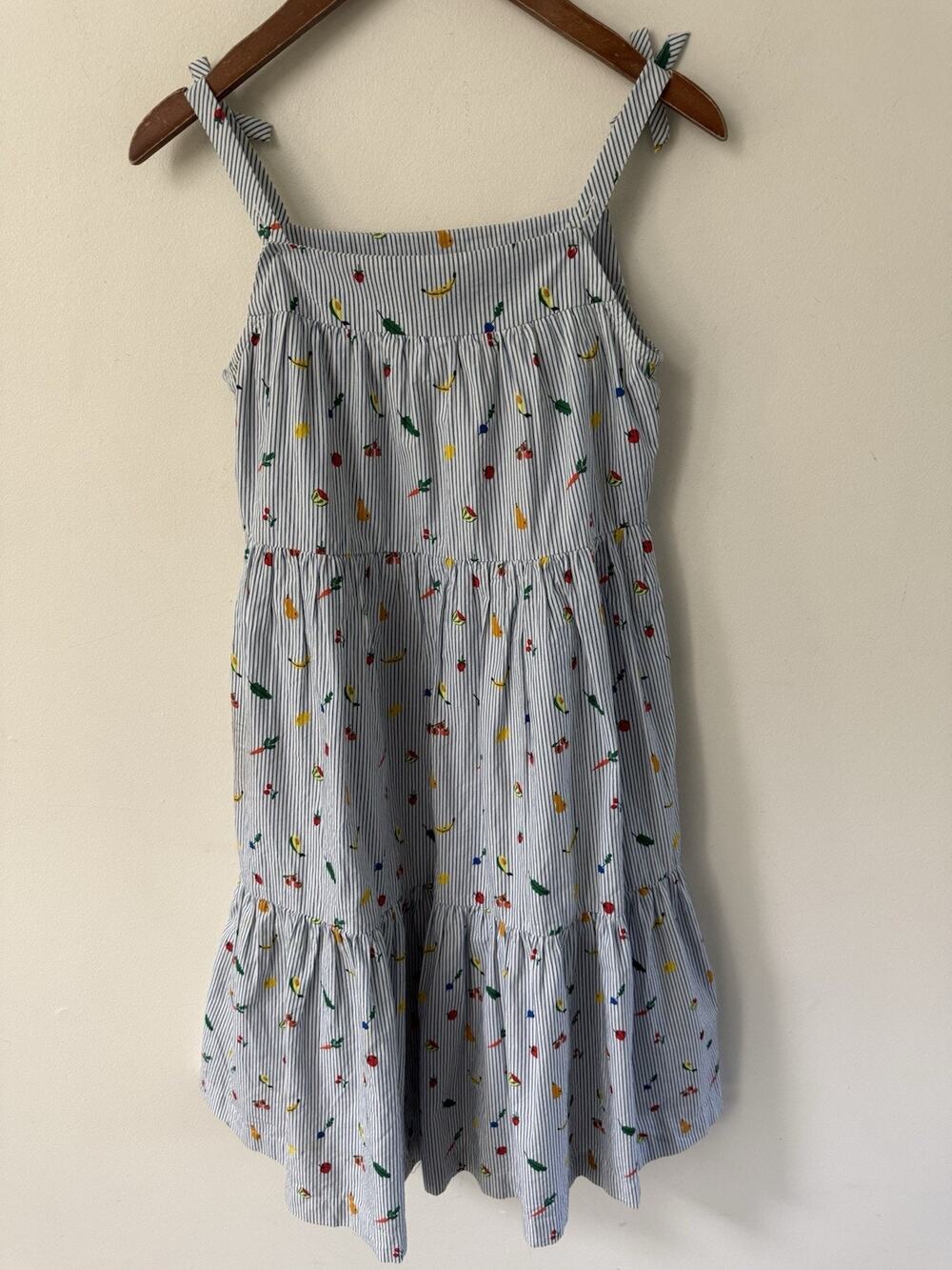 Hanna Anderson Tiered Sun Dress Girls Size 14-16 Sleeveless Tie Blue White Fruit